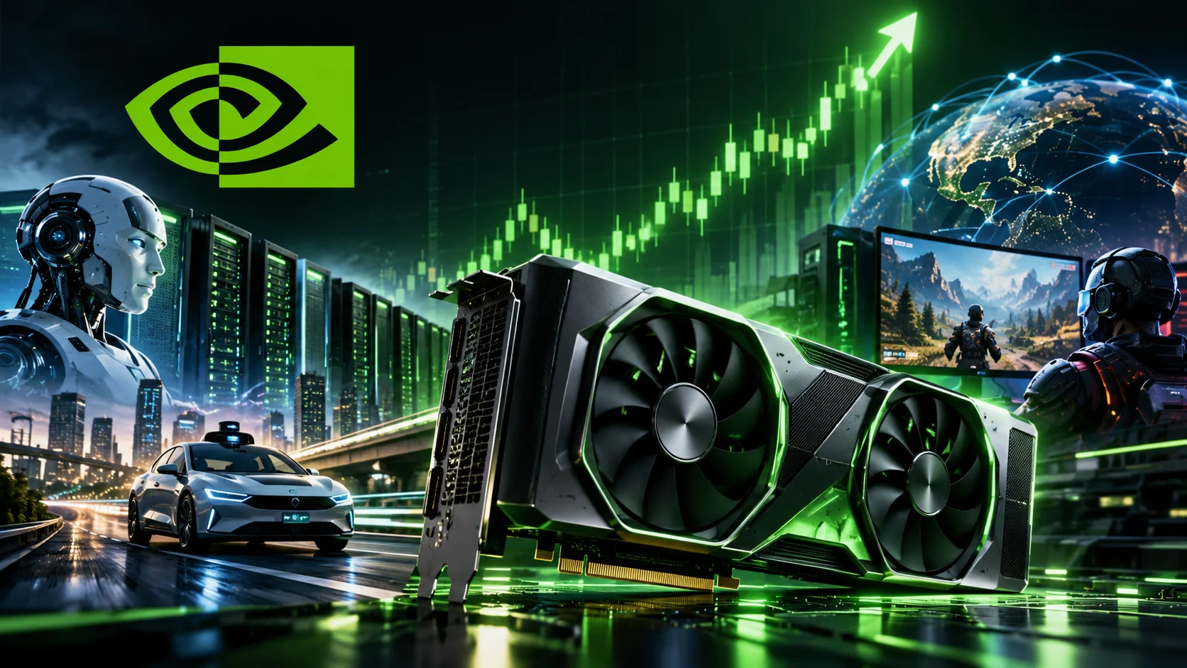 NVIDIA GPU with AI, data centers, autonomous driving, gaming, and stock market imagery