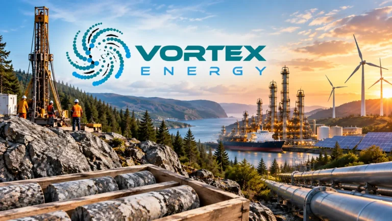 Vortex Energy logo with an exploration drill site, energy infrastructure, pipelines, wind turbines and solar panels