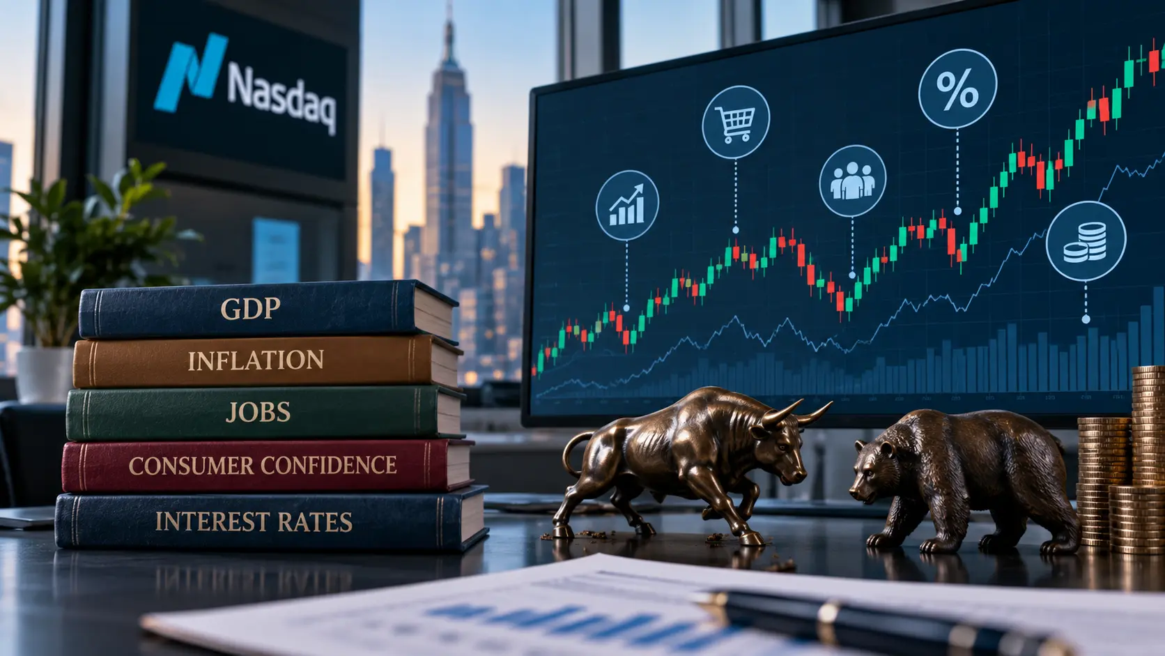 Stock market chart with GDP, inflation, jobs, consumer confidence and interest rate indicators alongside bull and bear figures.