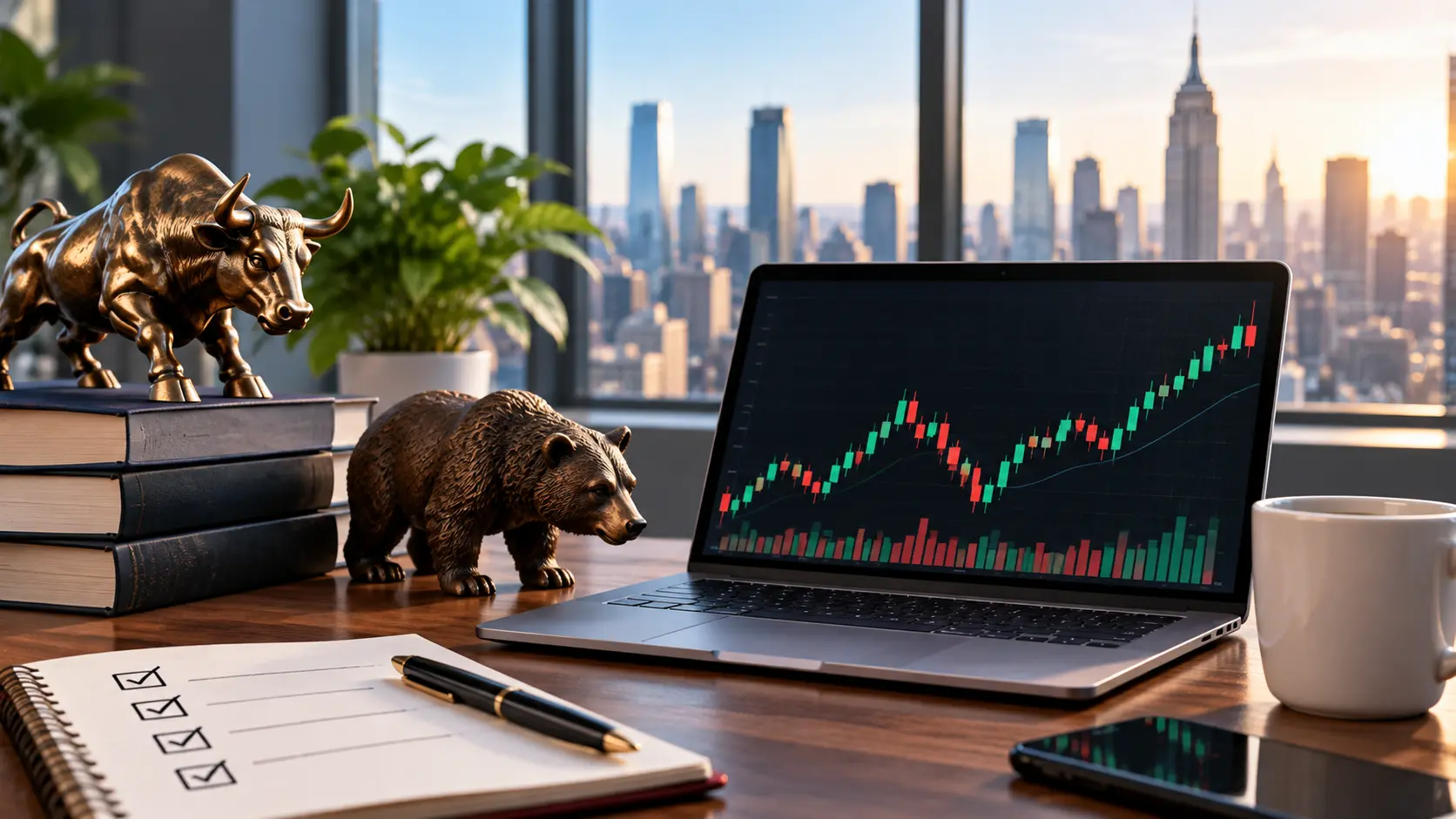 Bull and bear figures beside a laptop displaying a volatile stock market chart in a modern investment workspace.