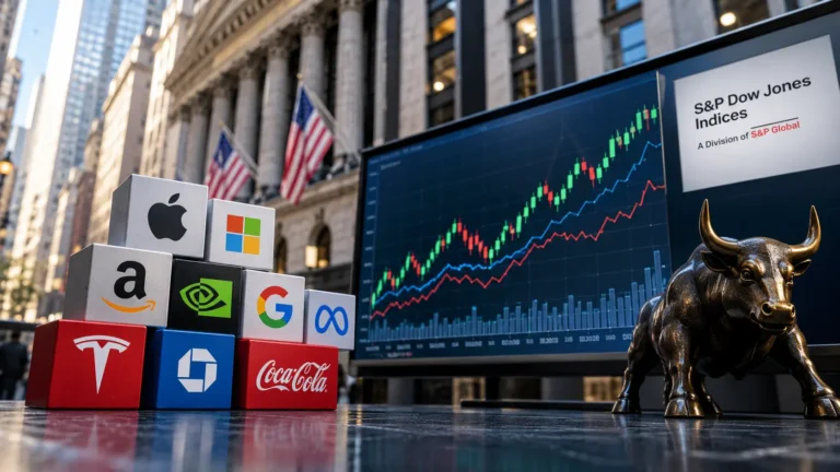 Stock market index chart alongside major U.S. company logos and a Wall Street bull.