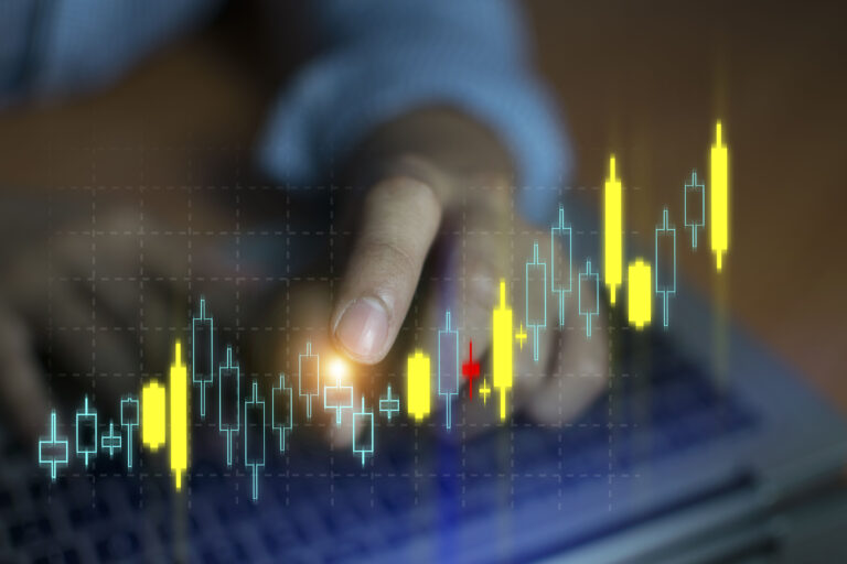 business people are using stock chart innovative technology mixed media digital online concept