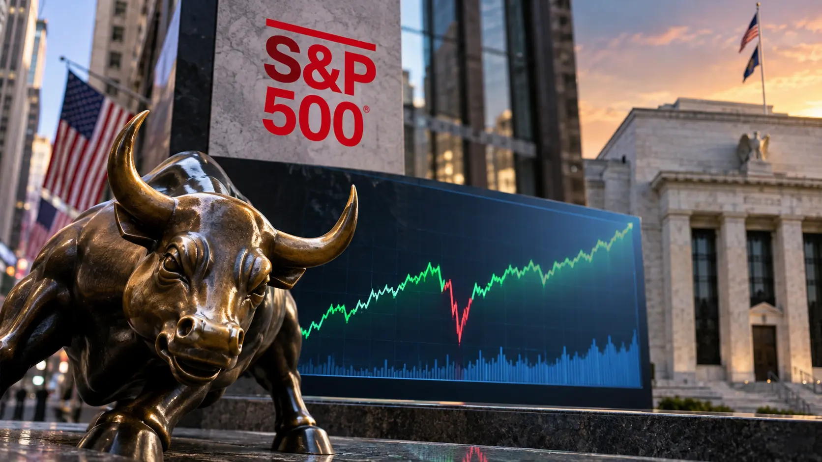 Wall Street bull with S&P 500 market chart illustrating 2025 stock market performance and volatility