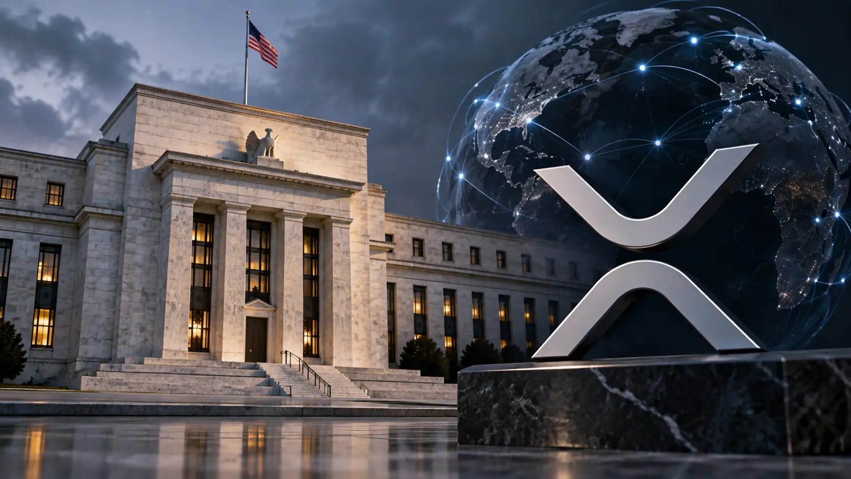 Federal Reserve building beside the XRP logo and a digitally connected globe