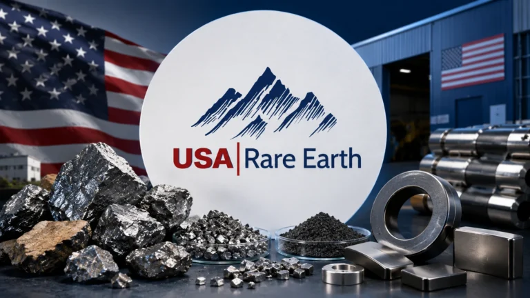 USA Rare Earth logo with rare-earth minerals, magnets and U.S. manufacturing imagery