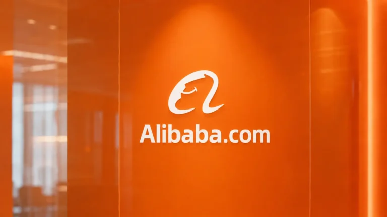 Alibaba.com logo displayed on an orange corporate wall