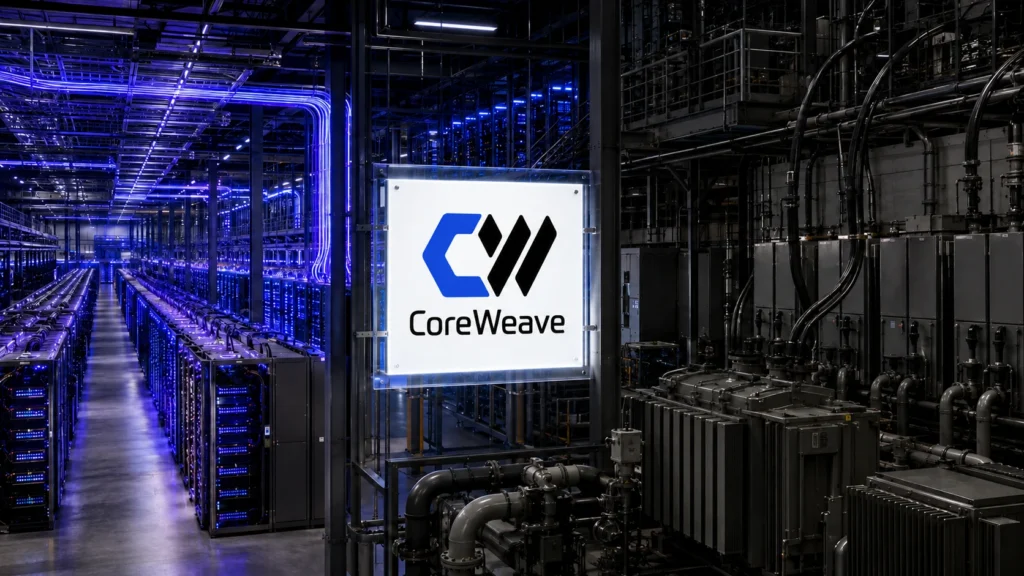 CoreWeave logo inside an AI data center representing Q2 2026 backlog growth, capital spending and debt