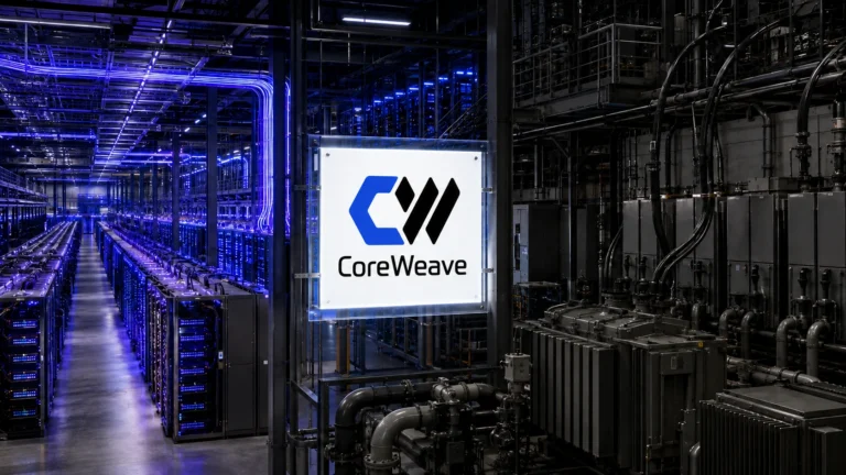 CoreWeave logo inside an AI data center representing Q2 2026 backlog growth, capital spending and debt