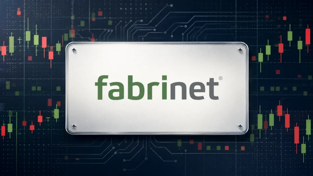 Fabrinet logo over a neutral stock-market background with mixed red and green candlesticks and circuit lines.