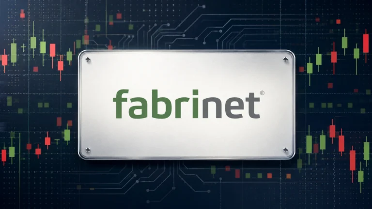 Fabrinet logo over a neutral stock-market background with mixed red and green candlesticks and circuit lines.