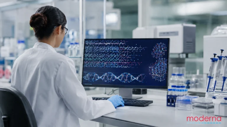 Scientist reviewing anonymized molecular-sequencing visuals in an oncology laboratory with the Moderna logo