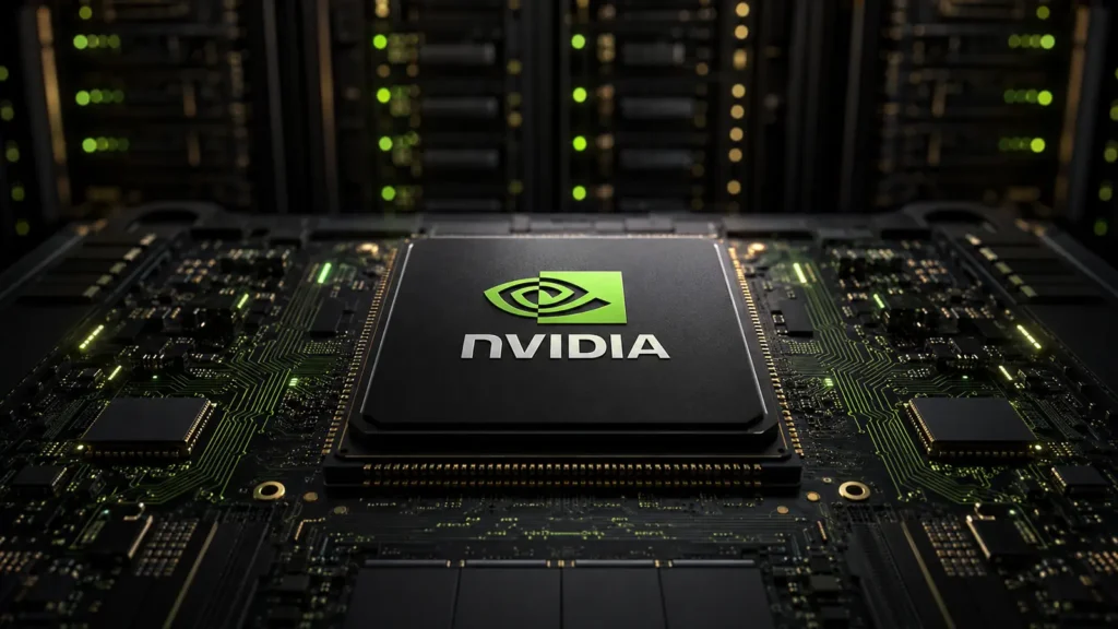 Illustration of an Nvidia AI chip on a circuit board inside a data center