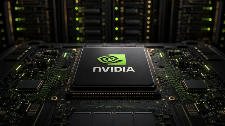 Illustration of an Nvidia AI chip on a circuit board inside a data center