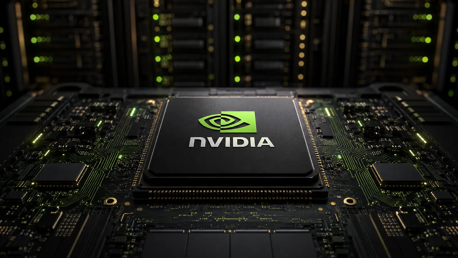 Illustration of an Nvidia AI chip on a circuit board inside a data center