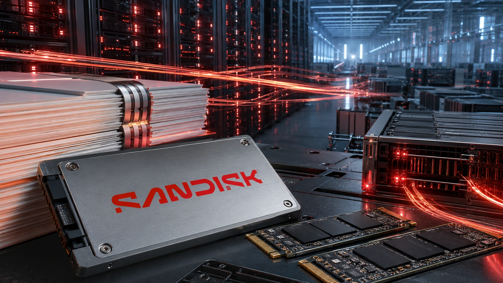 Sandisk-branded NAND flash storage modules inside an AI data center, illustrating rising demand and memory-cycle risk