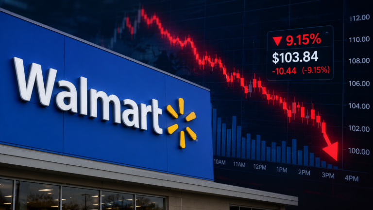 Walmart logo alongside a falling stock chart illustrating a 9.15% decline in Walmart stock.