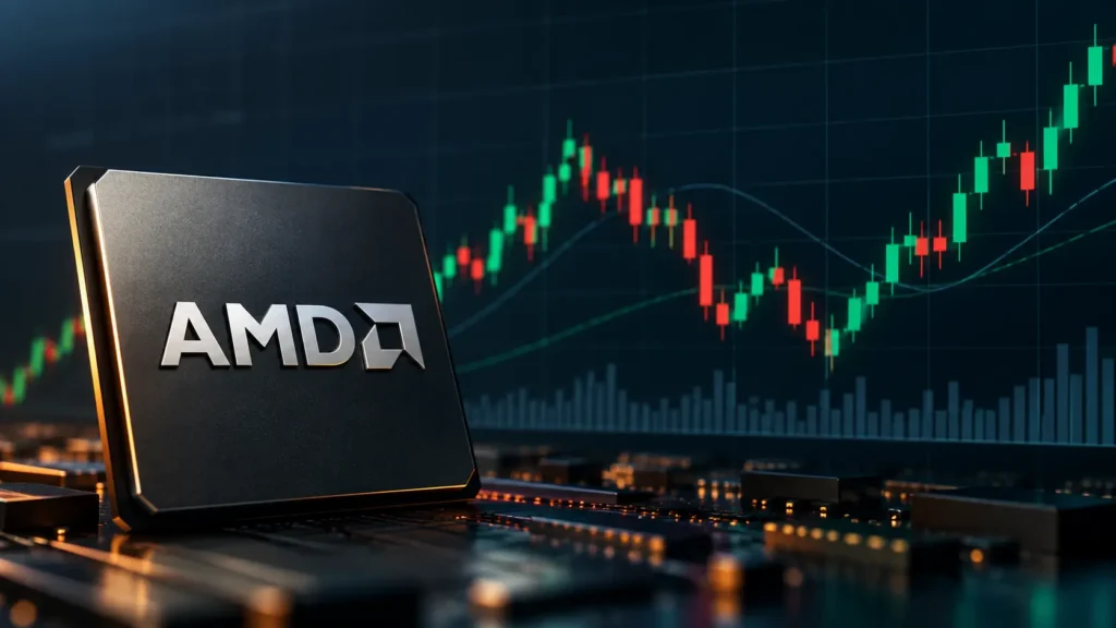 AMD logo on a semiconductor chip with a red and green stock price chart in the background