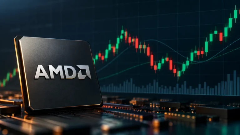 AMD logo on a semiconductor chip with a red and green stock price chart in the background