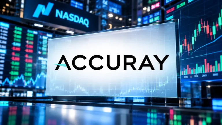 Accuray Incorporated logo with Nasdaq trading screens in the background