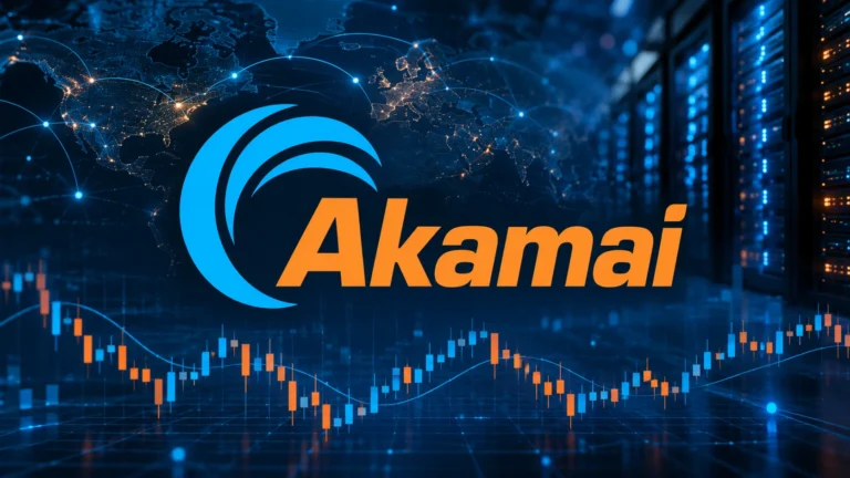 Akamai Technologies logo with a neutral stock price chart and cloud infrastructure background