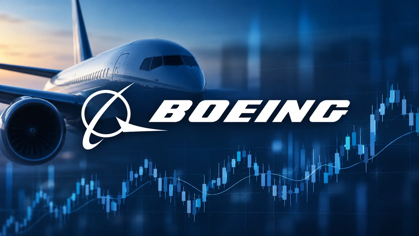 Boeing logo with aircraft and neutral stock price chart