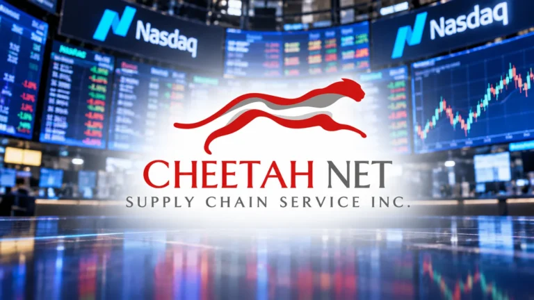 Cheetah Net Supply Chain Service logo displayed against Nasdaq market screens