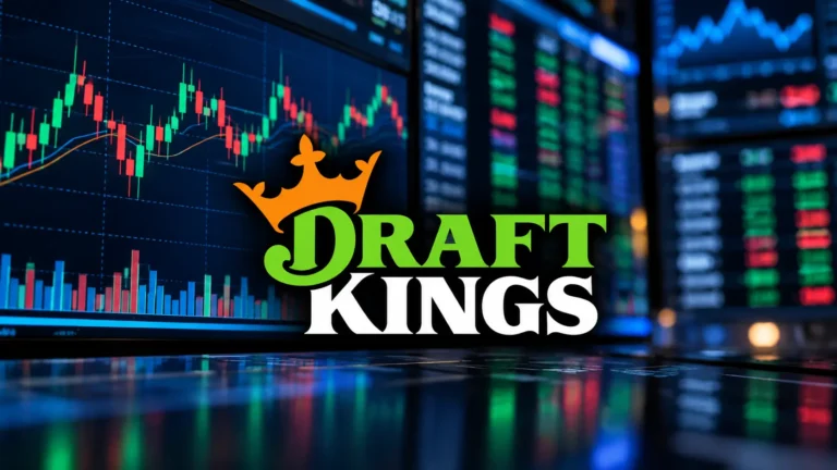 DraftKings logo displayed against stock market trading screens