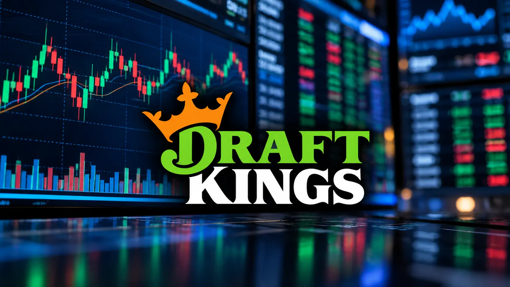 DraftKings logo displayed against stock market trading screens
