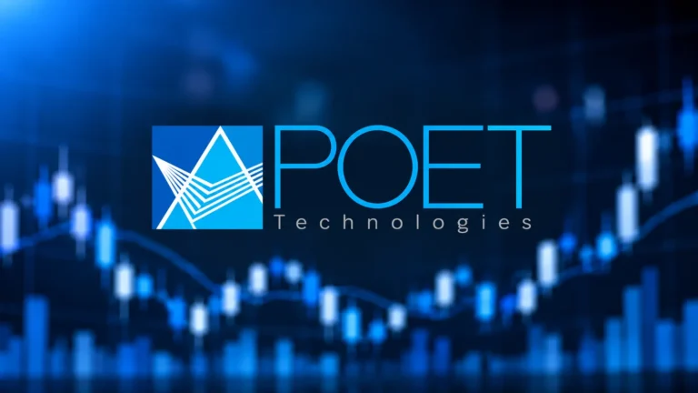 POET Technologies logo with stock market chart background
