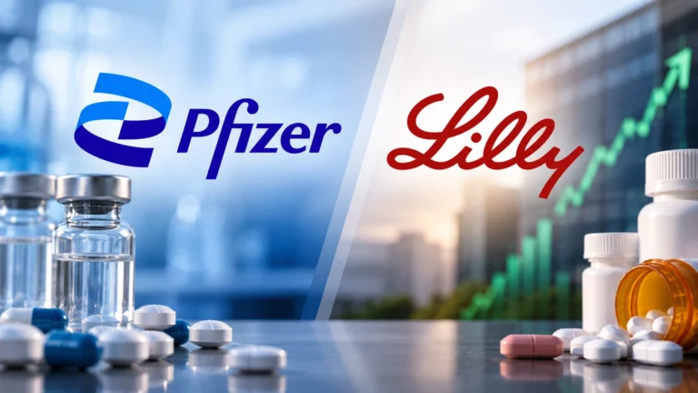 Pfizer and Eli Lilly logos with medicines and a stock market chart illustrating drug-pricing developments affecting PFE and LLY stocks.