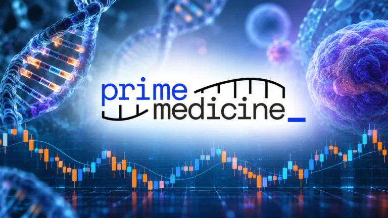 Prime Medicine logo with a neutral stock price chart and gene-editing background