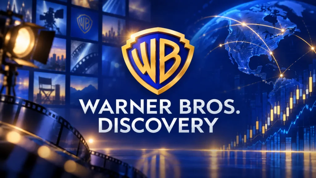 Warner Bros. Discovery logo with film, global media network and stock market chart graphics