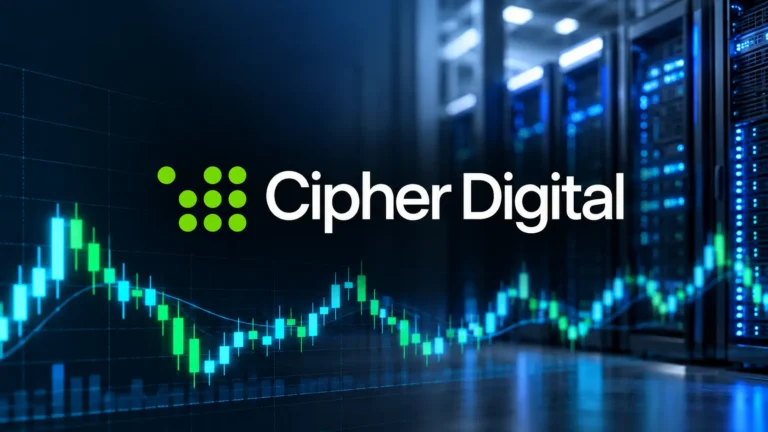 Cipher Digital logo displayed over a data center background with a neutral stock price chart.