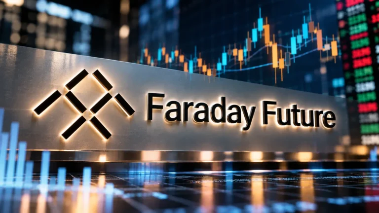 Faraday Future logo prominently displayed against a stock market background with candlestick charts.