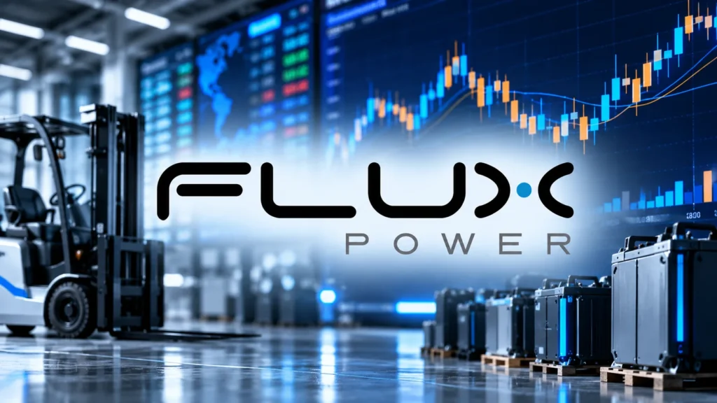 Flux Power logo with trading screens and industrial battery equipment