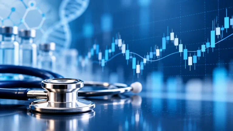 Stethoscope with a neutral stock market chart representing healthcare stocks