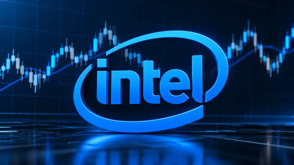 Intel logo with a neutral stock price chart in the background