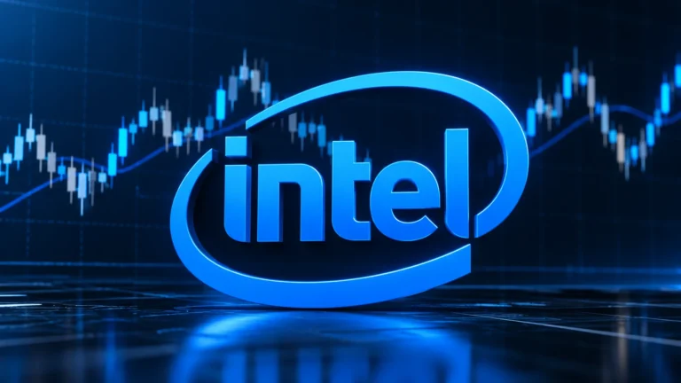 Intel logo with a neutral stock price chart in the background