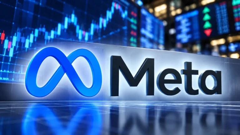 Meta Platforms logo prominently displayed against a blue stock market background with digital trading charts.