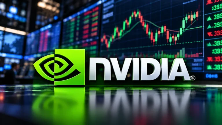 NVIDIA logo displayed in front of stock market trading screens showing red and green candlestick charts.