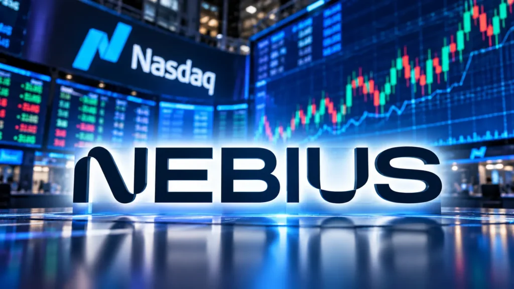 Nebius Group logo prominently displayed against a Nasdaq stock market background with trading charts.