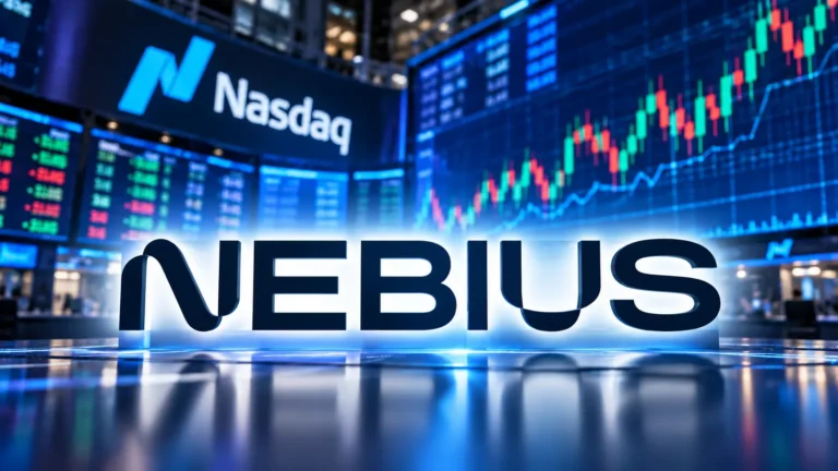 Nebius Group logo prominently displayed against a Nasdaq stock market background with trading charts.