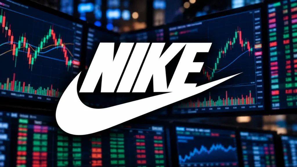 Nike logo displayed over stock market trading screens