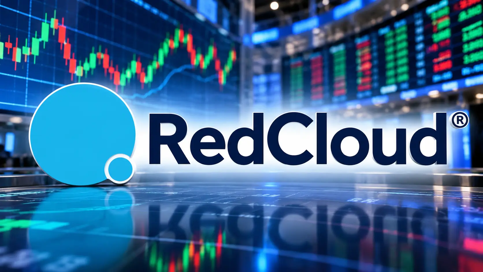 RedCloud logo prominently displayed against a stock market background with trading charts and financial data screens.