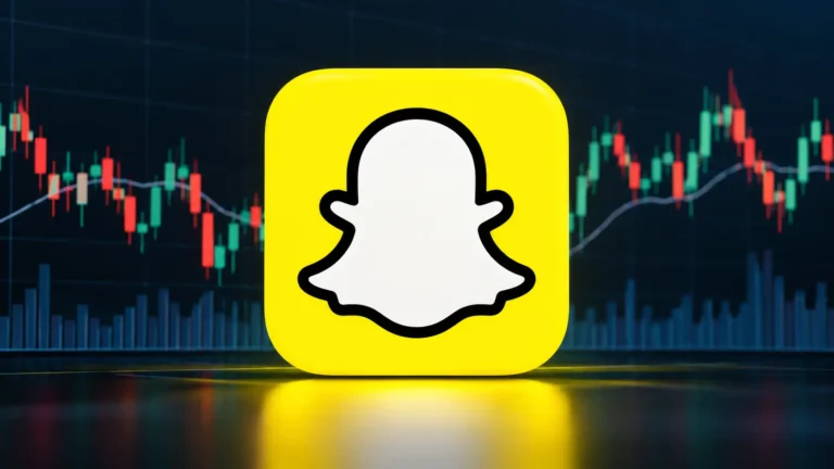 Snapchat logo displayed prominently against a neutral stock market candlestick chart representing Snap Inc. (SNAP) shares.