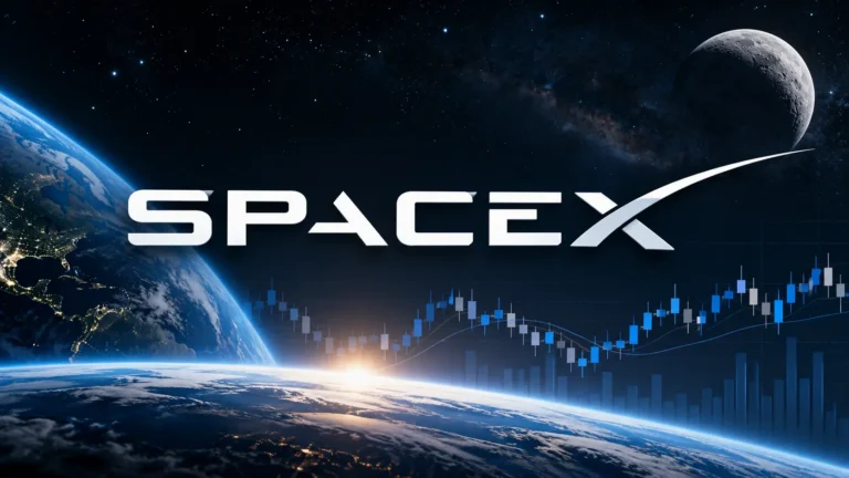 SpaceX logo with a neutral stock price chart against a space background