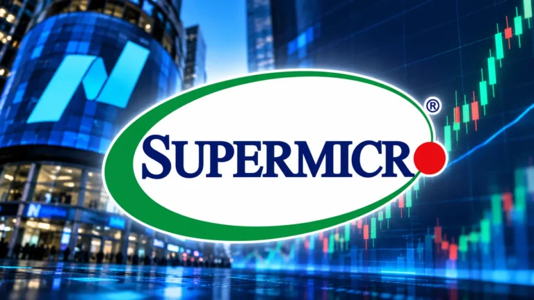 Supermicro logo prominently displayed against a Nasdaq stock market background with digital candlestick charts.
