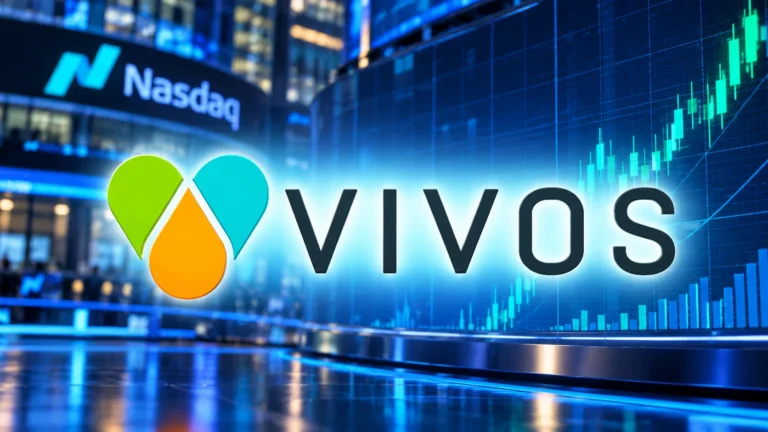 Vivos Therapeutics logo prominently displayed against a Nasdaq stock market background with financial trading charts.