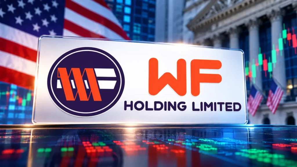 WF Holding Limited logo prominently displayed against a U.S. stock market background with American flags and trading charts.