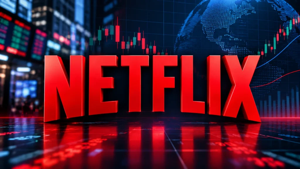 Netflix Stock – NFLX Shares and Stock Market - ABBO News Netflix logo with stock market charts and financial trading displays in the background